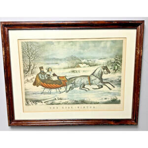 Vtg Currier & Ives The Road Winter Litho Print Framed Matted Glass Wood Horses